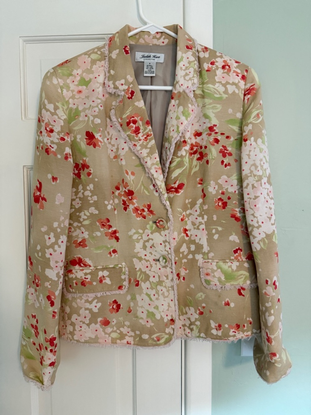 Floral Beige Linen and Rayon Blazer Jacket with Reddish/Orange Accent